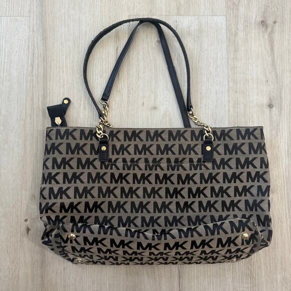 Michael Kors Jet Set Tan Black Chain Strap Monogramed Shoulder Bag Tote - Picture 5 of 6